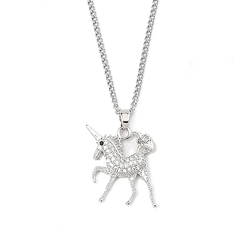 Brass Micro Pave Clear Cubic Zirconia Pendant Necklaces, 201 Stainless Steel Chains NecklacesNecklaces, Unicorn, 23.62 inch(60cm), Unicom: 21.5x22.5mm