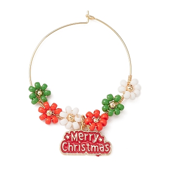 Christmas Theme Alloy Enamel Wine Glass Charms, with 316 Surgical Stainless Steel Hoop Earring Findings and Glass Seed Bead, Word Merry Christmas, Red, 59mm
