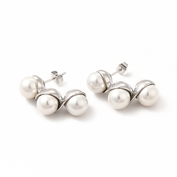 304 Stainless Steel Stud Earrings, Plastic Imitation Pearl Earrings for Women, Stainless Steel Color, 27x18x9mm, Pin: 0.8mm
