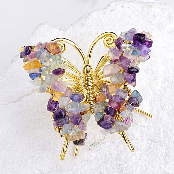Raw Natural Fluorite Chip Mineral Specimen Display Decorations, with Butterfly Metal Holder, for Home Desktop Feng Shui Ornament, 65x75mm