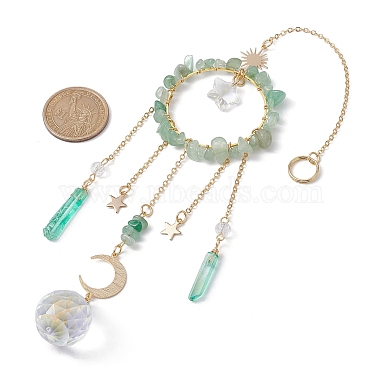 Natural Green Aventurine Chip Pendant Decorations with Brass Moon & Cable Chain & Electroplated Quartz Crystal Tassel(HJEW-JM01650-01)-3