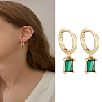 1 Pair Brass Micro Pave Cubic Zirconia Hoop Earrings, Rectangle, Lime Green, 21.5x12mm(EJEW-LP0004-74A)