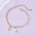 Heart Brass & Natural Cultured Freshwater Pearl Charms Bracelets, Brass Paperclip & Curb Chains Bracelets for Women, Real 18K Gold Plated, 7-3/8 inch(18.7cm)(BJEW-JB12923)