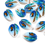 Printed Cowrie Shell Beads, No Hole/Undrilled, Sea Turtle Pattern, Dodger Blue, 17.5~21.5x12~14.5x5.5~7.5mm(SSHEL-T013-01B)