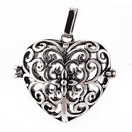Rack Plating Brass Cage Pendants, For Chime Ball Pendant Necklaces Making, Hollow Heart, Antique Silver, 30x34x18mm, Hole: 3.5x7mm, inner measure: 22x25mm(KK-Q402-15AS)