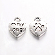 Tibetan Style Alloy Charms Pendants, Cadmium Free & Nickel Free & Lead Free, Heart with word Love My Dog, Antique Silver, 13x10x3mm, Hole: 2mm(TIBEP-A123278-AS-FF)