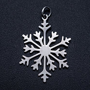 201 Stainless Steel Pendants, with Unsoldered Jump Rings, Christmas Snowflake, Stainless Steel Color, 26.5x19x1mm, Hole: 3mm, Jump Ring: 5x0.8mm(STAS-T046-JA341-1)