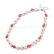 Natural Pearl Beaded Necklace, Handmade Flower Millefiori Glass Beads Necklace for Women, Silver, Red, 15.94 inch(40.5cm)(NJEW-TA00018-04)