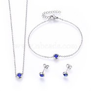 304 Stainless Steel Jewelry Sets, Pendant Necklaces & Stud Earrings & Bracelets, with Rhinestones, Flat Round, Blue, Stainless Steel Color, 16.54 inches(42cm); 6-3/4 inches(17cm); 6.5x3.5mm; Pin: 0.8mm(SJEW-H144-24B-P)
