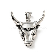 304 Stainless Steel Pendants, Bull Head, Antique Silver, 35x33x9mm, Hole: 8x5mm(STAS-E058-17AS)