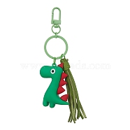 Cute PVC Dinosaur Tassel Keychain, with Alloy Split Key Ring, Green, 5-7/8 inch(15cm), Pendant: 55x45x17.5mm and 82x10x10mm(KEYC-JKC00602)
