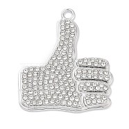 Alloy Rhinestone Pendants, Thumbs Up Hand, Platinum, 42.5x35x2.5mm, Hole: 2.5mm(ALRI-S001-07)