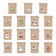 Kissitty 30Pcs 15 Styles Rectangle Jute Cloth Storage Pouches, Drawstring Bags, Santa Claus & Christmas Tree & Snowman & Christmas Wreath & Reindeer/Stag, Tan, Mixed Color, 13.7~14.3x9.9~10.1x0.25cm, 2pcs/style (ABAG-KS0001-03)