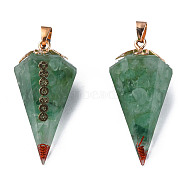 Natural Green Aventurine Chip Pendants, Cone Charm, with Resin and Light Gold Plated Brass Findings, 39x19x19mm, Hole: 3x4mm(G-N340-01D)
