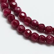 Natural White Jade Bead Strands, Dyed, Faceted, Round, Dark Red, 4mm, Hole: 1mm, about 88~89pcs/strand, 14.37~14.57 inch(36.5~37cm)(G-R344-4mm-09)