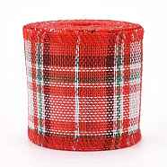 Polyester Imitation Linen Ribbon, Linen Wired Edge Ribbon, Tartan Pattern, for DIY Crafts, Christmas, Wedding, Home Decoration, Tomato, 2-3/8 inch(60mm), 5m/roll(5.5 yards/roll)(OCOR-G007-02D)