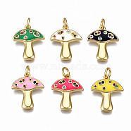 Autumn Theme Brass Micro Pave Cubic Zirconia Enamel Pendants, with Jump Rings, Nickel Free, Mushroom,Real 16K Gold Plated, Mixed Color, 16.5x14x2mm, Jump Ring: 5x0.8mm, 3mm inner diameter(ZIRC-Q200-023-NF)