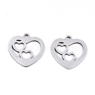 201 Stainless Steel Charms, Laser Cut, Hollow, Heart with Heart, Stainless Steel Color, 14x14x0.9mm, Hole: 1.4mm(STAS-S081-072)