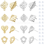 SUPERFINDINGS 32Pcs 8 Style Alloy Stud Earring Findings, with Horizontal Loops and 304 Stainless Steel Steel Pins, Leaf & Flower & Rhombus & Heart, Platinum & Light Gold, 13~23.5x11~17.5mm, Hole: 1.2~1.8mm, Pin: 0.7mm, 4Pcs/style(FIND-FH0005-74)