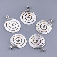 Freshwater Shell Pendants, with Alloy Findings, Flat Round with Vortex, Platinum, 49.5x44.5x4mm, Hole: 6x8mm(SHEL-S275-04)