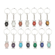 Natural & Synthetic Mixed Gemstone Keychain, with Brass Findings and Alloy Split Key Rings, Owl, Platinum, 7.8cm(KEYC-P010-B)