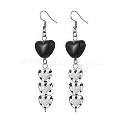 Acrylic & Glass Heart with Enamel Dangle Earrings, 304 Stainless Steel Long Drop Earrings, Black, 87x18.5mm(EJEW-JE05415-01)