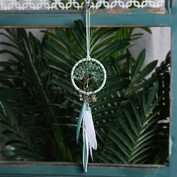 Woven Net/Web with Feather Hanging Ornaments, Natural Green Aventurine Chip Tree of Life for Car Hanging Decorations, 180x75mm(PW-WG2EEA4-09)