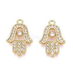 Brass Micro Pave Clear Cubic Zirconia Pendants, Hamsa Hand, Real 18K Gold Plated, 16.5x11.5x2mm, Hole: 1mm(KK-T073-21G)