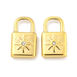 PVD Vacuum Plating 304 Stainless Steel Charms, with Crystal Rhinestone, Padlock with Sun Charms, Real 18K Gold Plated, 13.5x8x3mm, Hole: 4x4mm(STAS-L278-020G)