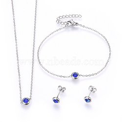 304 Stainless Steel Jewelry Sets, Pendant Necklaces & Stud Earrings & Bracelets, with Rhinestones, Flat Round, Blue, Stainless Steel Color, 16.54 inch(42cm), 6-3/4 inch(17cm), 6.5x3.5mm, Pin: 0.8mm(SJEW-H144-24B-P)