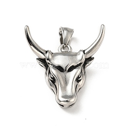 304 Stainless Steel Pendants, Bull Head, Antique Silver, 35x33x9mm, Hole: 8x5mm(STAS-E058-17AS)