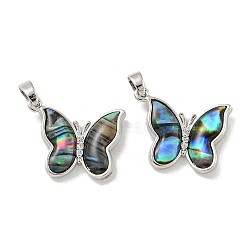 Rack Plating Brass Micro Pave Clear Cubic Zirconia Pendants, with Paua Shell, Butterfly, Platinum, 16x19x3.5mm, Hole: 5x2.5mm(KK-A214-16P)