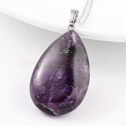 Teardrop Platinum Tone Brass Amethyst Pendants, 41~43x23~25x11~13mm, Hole: 5mm(X-G-F267-07D)