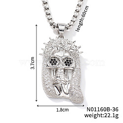 Brass Crystal Rhinestone Skull Crowned Jesus Pendant Box Chain Necklaces, Platinum, 23.62 inch(60cm)(PU6252-2)