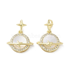 Rack Plating Planet Brass Micro Pave Cubic Zirconia Pendants, with Shell, Cadmium Free & Lead Free, Long-Lasting Plated, Real 18K Gold Plated, Clear, 15.5x18x6.5mm, Hole: 3x3.5mm(KK-E102-30G)