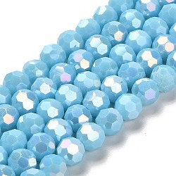 Opaque Glass Beads Stands, AB Color, Faceted(32 Facets), Round, Light Sky Blue, 8x7~7.5mm, Hole: 1.5mm, about 66pcs/strand, 18.82~19.06 inch(47.8~48.4cm)(EGLA-A035-P8mm-B08)