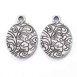 CCB Plastic Pendants, Oval with Flower, Antique Silver, 25x18x2mm, Hole: 2mm(CCB-L011-078AS)
