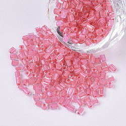 8/0 Two Cut Glass Seed Beads, Hexagon, Transparent Inside Colours Rainbow, Pink, 2.5~3x2.5mm, Hole: 0.9mm, about 15000pcs/bag(SEED-S033-09A-04)