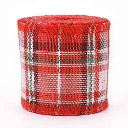 Polyester Imitation Linen Ribbon, Linen Wired Edge Ribbon, Tartan Pattern, for DIY Crafts, Christmas, Wedding, Home Decoration, Tomato, 2-3/8 inch(60mm), 5m/roll(5.5 yards/roll)(OCOR-G007-02D)