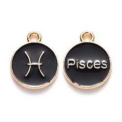 Alloy Enamel Pendants, Cadmium Free & Lead Free, Flat Round with Constellation, Light Gold, Black, Pisces, 22x18x2mm, Hole: 1.5mm(ENAM-S124-01A-08H)