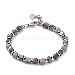 Natural Map Stone & Magnetic Synthetic Hematite Round Beaded Bracelet, 8-1/4 inch(21cm)(BJEW-P339-02P-02)