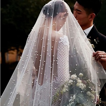 Long Mesh Tulle Plastic Pearl Beaded Bridal Veils, for Women Wedding Party Decorations, White, 2000x1500mm