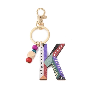 Wood Keychain, with Dye & Iron Key Ring, Letter K, 11.6~12.1cm