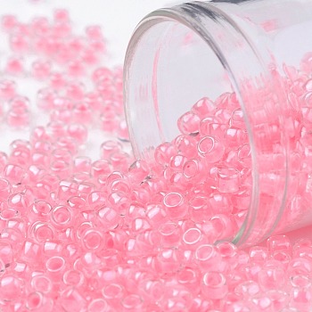 TOHO Round Seed Beads, Japanese Seed Beads, (379) Cotton Candy Pink Lined Crystal, 8/0, 3mm, Hole: 1mm, about 222pcs/10g