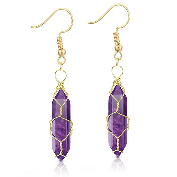 Amethyst Hexagon Handmade Copper Wire Wrapped Earrings Natural Stone Column Earrings, Golden