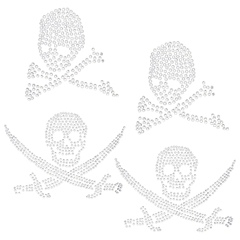 Fingerinspire 6 Sheets 2 Style Pirate Style Skull Glitter Hotfix Rhinestone, Iron on Patches, Dress Shoes Garment Decoration, Crystal, 80x77~115x1.5mm, 3sheets/style