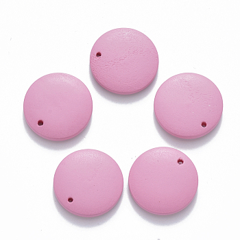 Painted Wood Pendants, Flat Round, Hot Pink, 20x4mm, Hole: 1.5mm