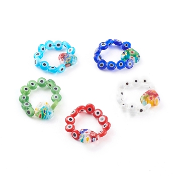 Lampwork Stretch Rings, with Evil Eye Lampwork Beads, Flat Round & Heart, Colorful, Inner Diameter: 18mm