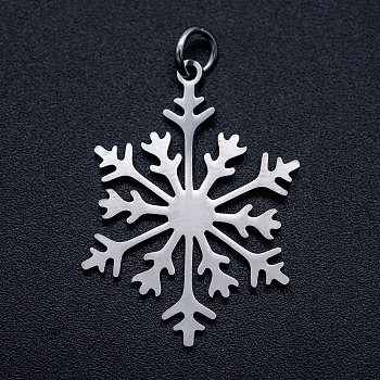 201 Stainless Steel Pendants, with Unsoldered Jump Rings, Christmas Snowflake, Stainless Steel Color, 26.5x19x1mm, Hole: 3mm, Jump Ring: 5x0.8mm