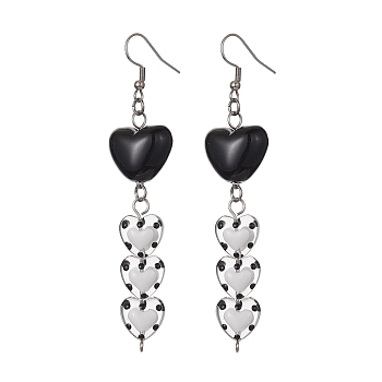 Acrylic & Glass Heart with Enamel Dangle Earrings, 304 Stainless Steel Long Drop Earrings, Black, 87x18.5mm